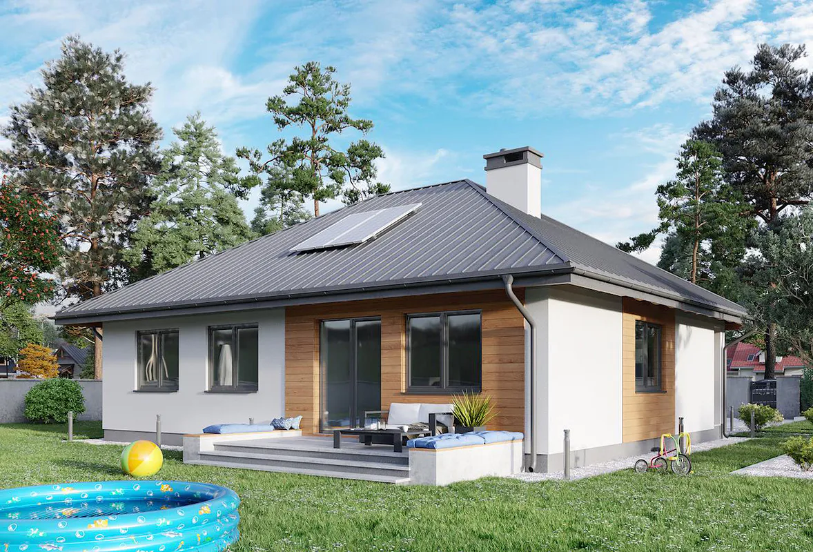 nowoczesny przestronny biały dom parterowy z szarym dachem kopertowym kaletnica dużymi oknami drewni