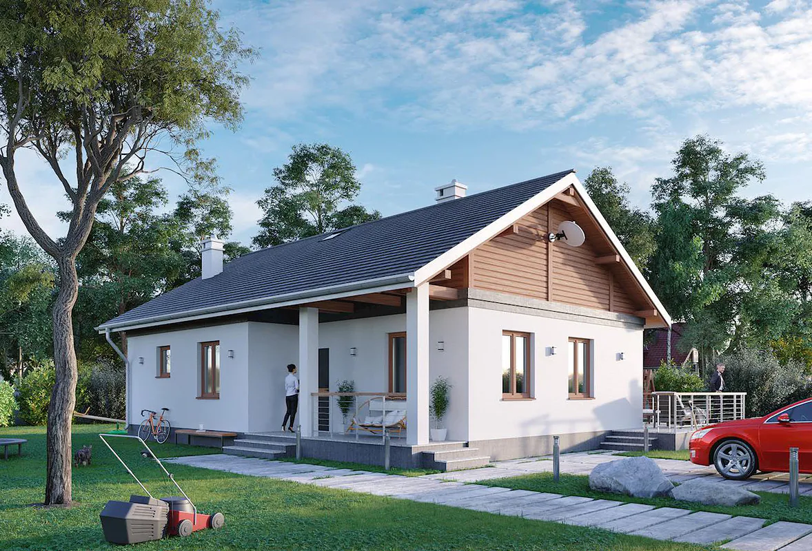 owoczesny przestronny biały dom parterowy z szarym dwuspadowym dachem wykończenie drewnianymi elemen
