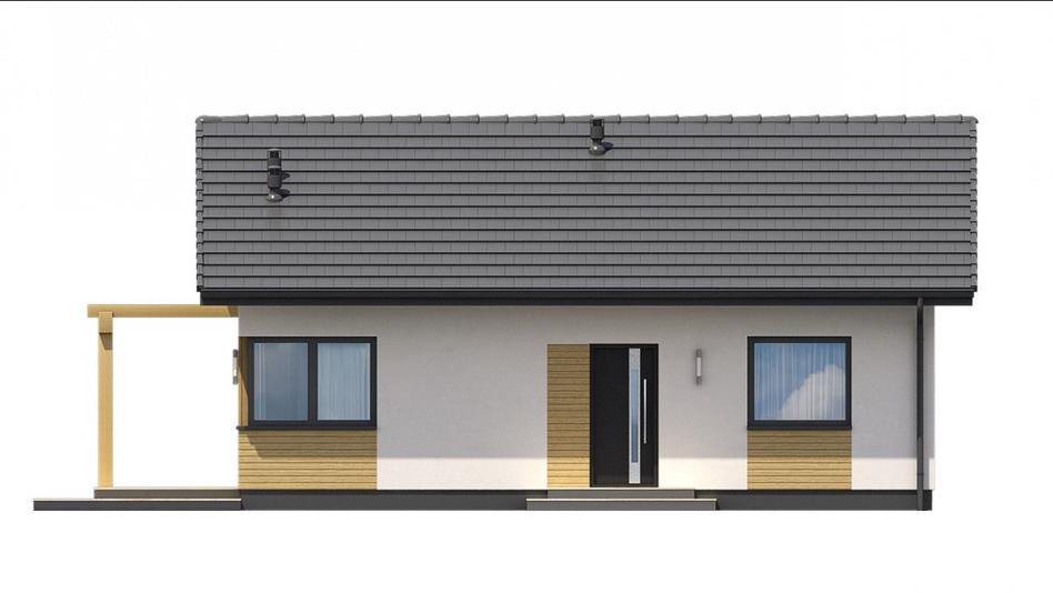 mały przytulny biały nowoczesny dom parterowy z dwuspadowym szarym dachem drewnianymi brązowymi wyko