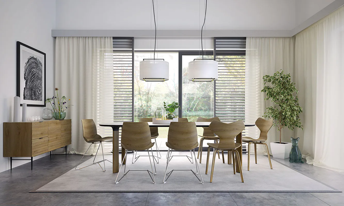 duża jasna biała przestronna jadalnia stół rodzinny obiadowy drewniany krzesła szary dywan duże drzw