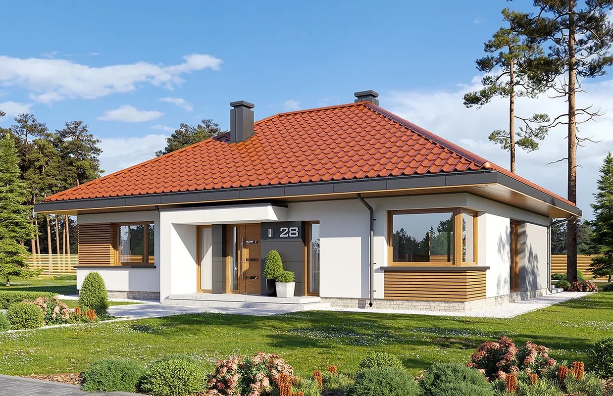 biały dom parterowy z kopertowym czerwonym dachem dużymi przeszkleniami drewnianymi brązowymi wykońc