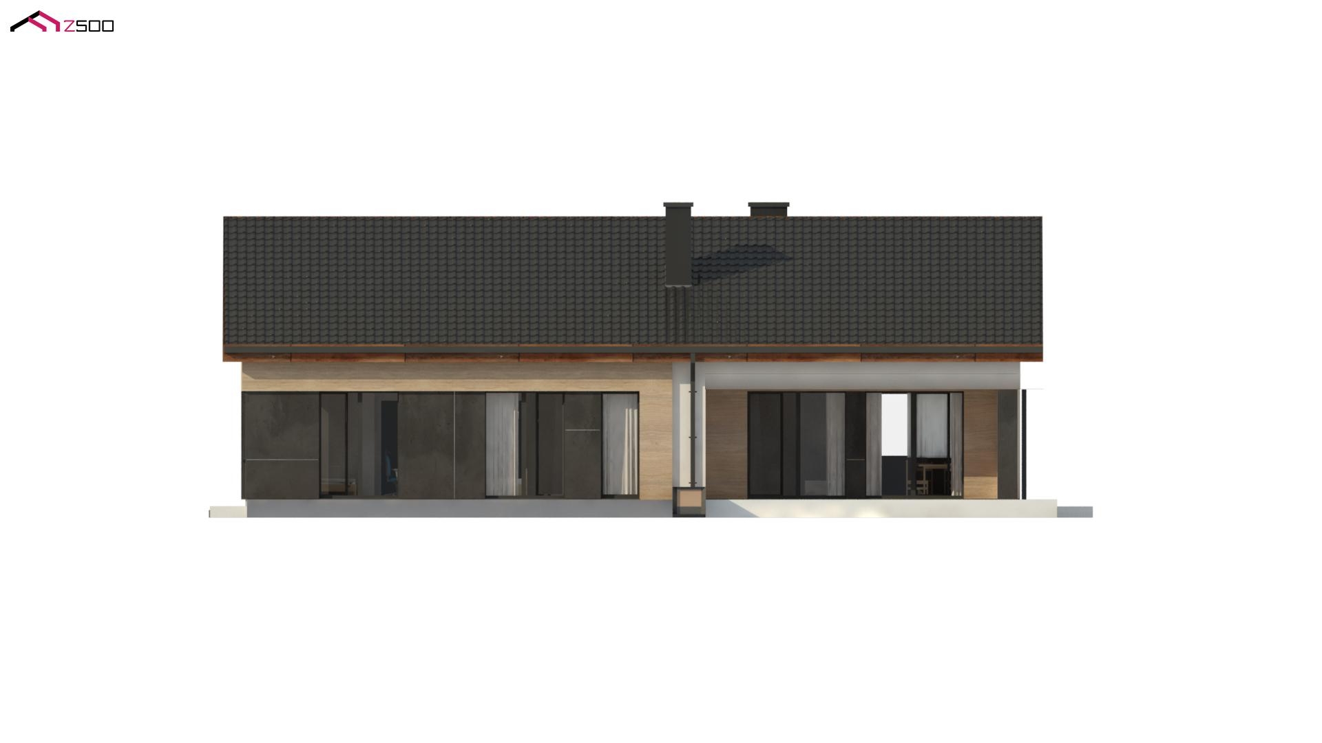 nowoczesny dom parterowy wolnostojący zadaszenie biały czarny dach drewniane wykończenie prostokątny