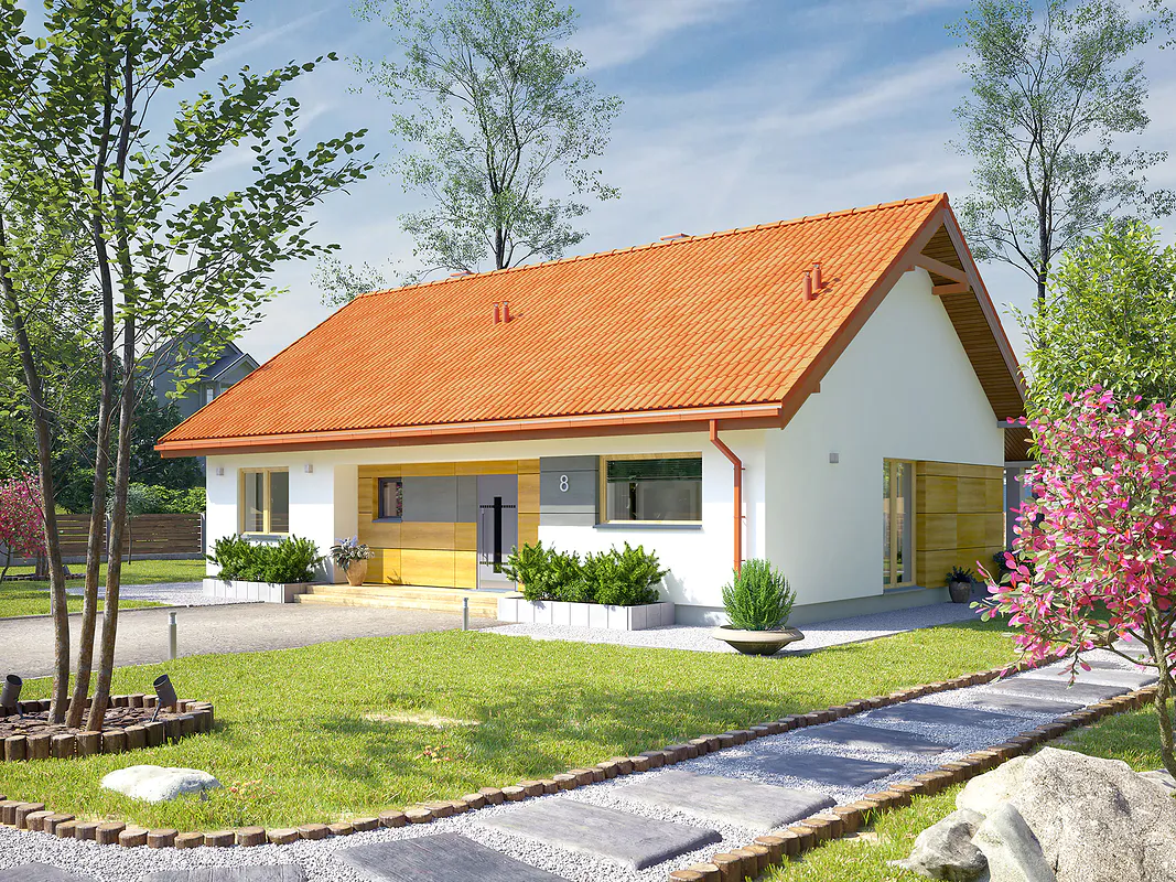 długi biały dom parterowy z pomarańczowym dachem i brązowymi wykończeniami z podwórkiem przód