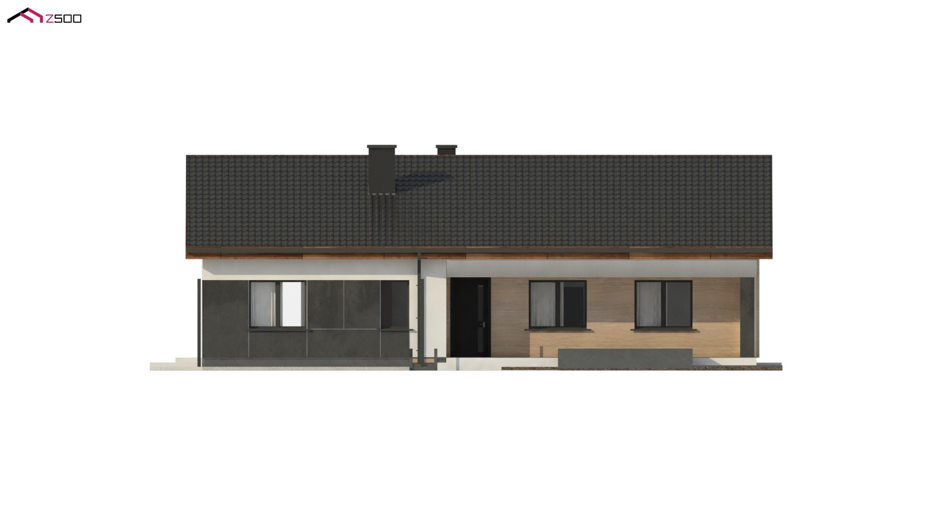 nowoczesny dom parterowy wolnostojący zadaszenie biały czarny dach drewniane wykończenie prostokątny