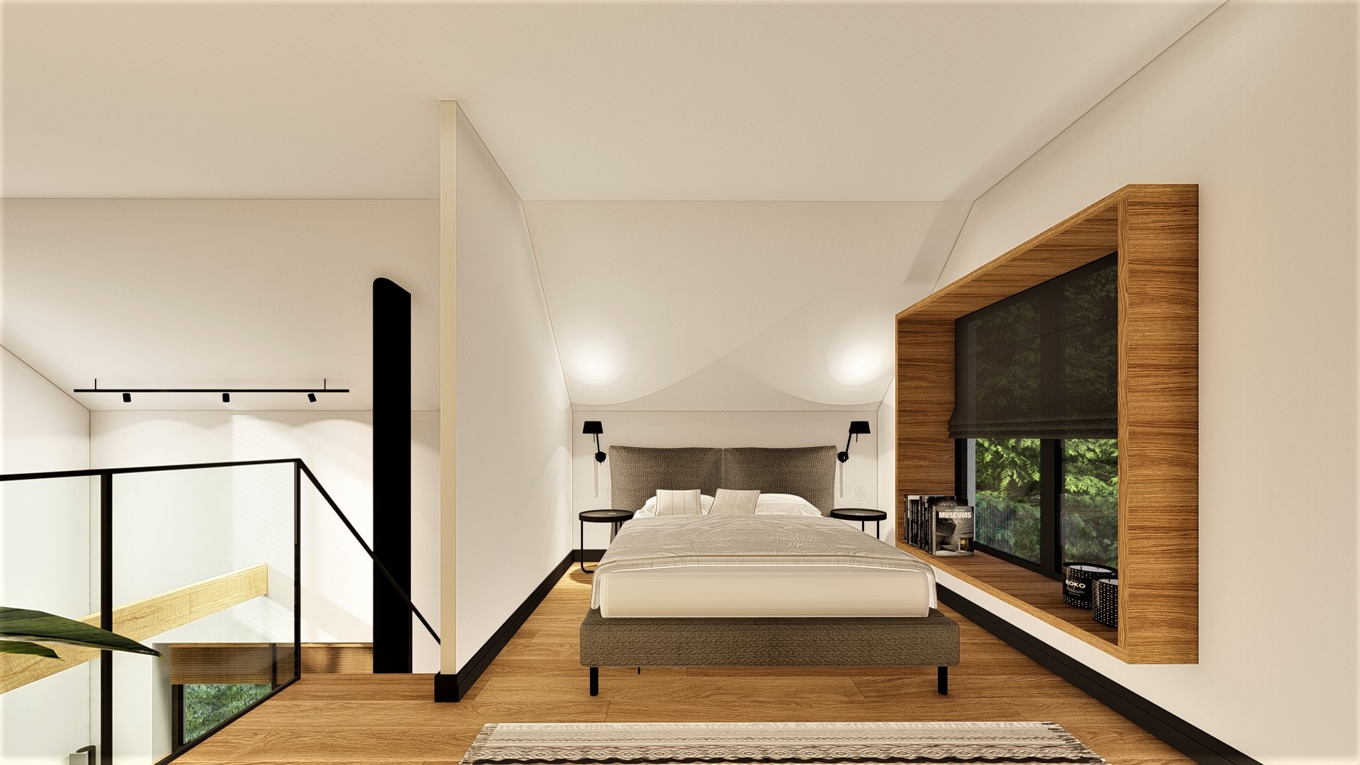 antresola sypialnia dywan duże łóżko duże okna drewniana podłoga białe ściany 