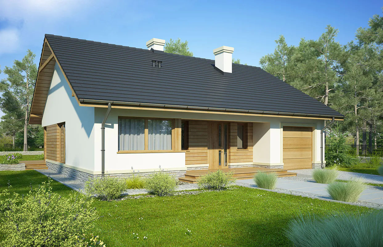 nowoczesny przytulny biały domek parterowy z drewnianym brązowym wykończeniem jednostanowiskowym gar
