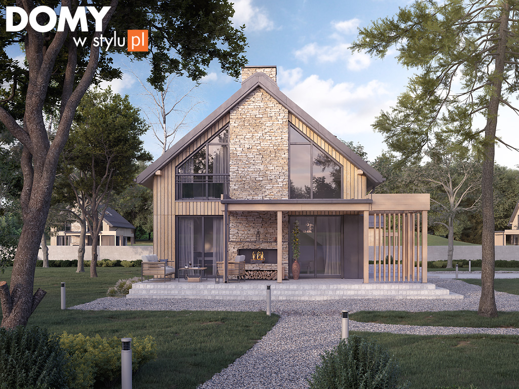 nowoczesny dom z typową oryginalna niepospolita bryłą wykończenie ceglane drewniane brązowe parterow