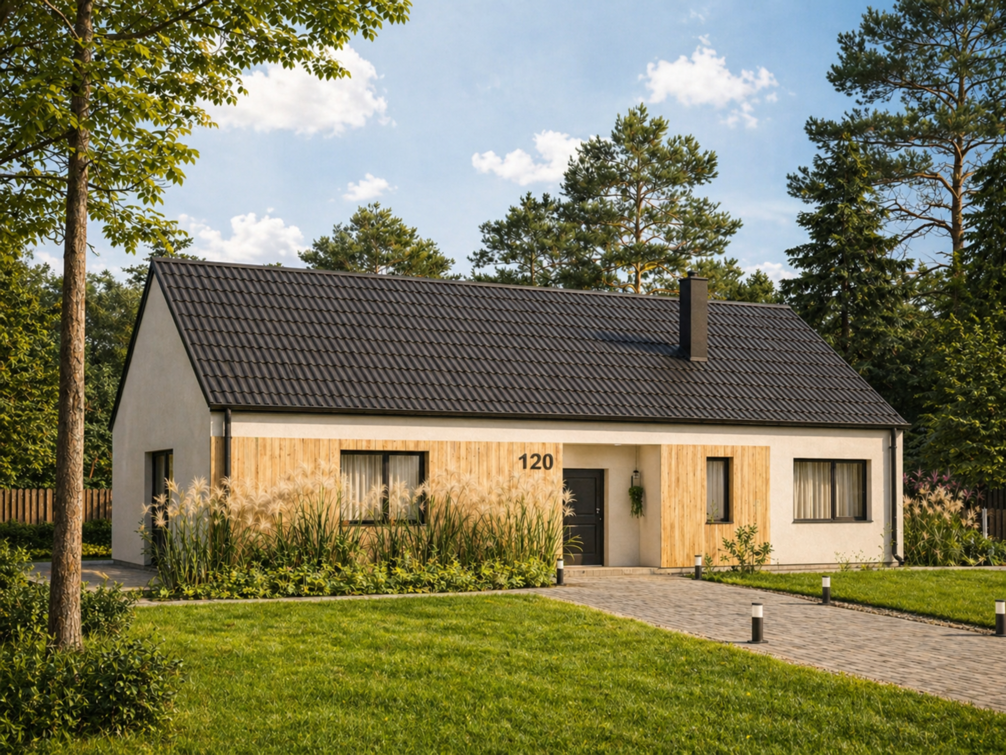 duży dom parterowy typu stodoła dla rodziny 2+2 z trzema sypialniami