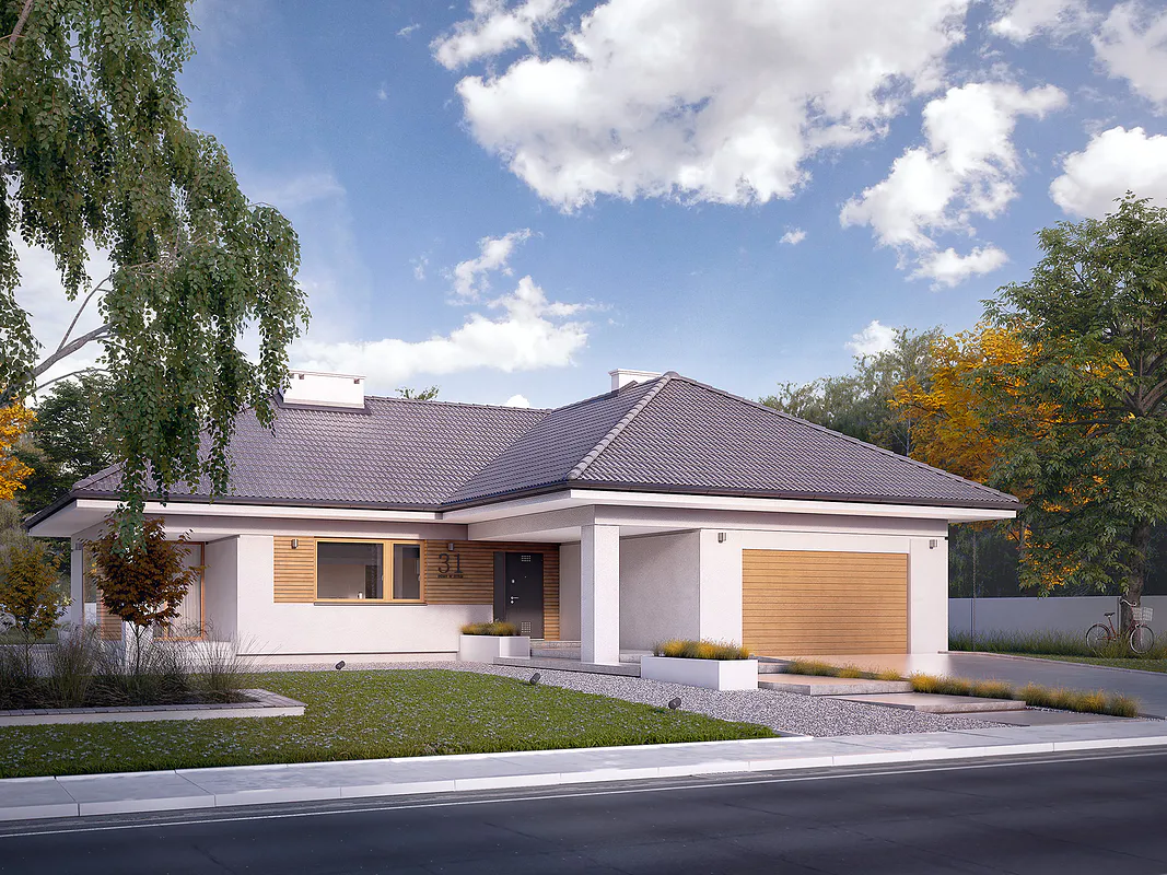 długi biały dom parterowy z szarym dachem i brązowymi wykończeniami z garażem i podwórkiem