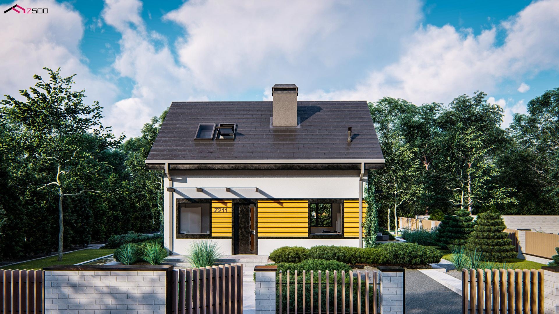 mały funkcjonalny przytulny dom parterowy z poddaszem użytkowym z szarym dachem biały żółte elementy