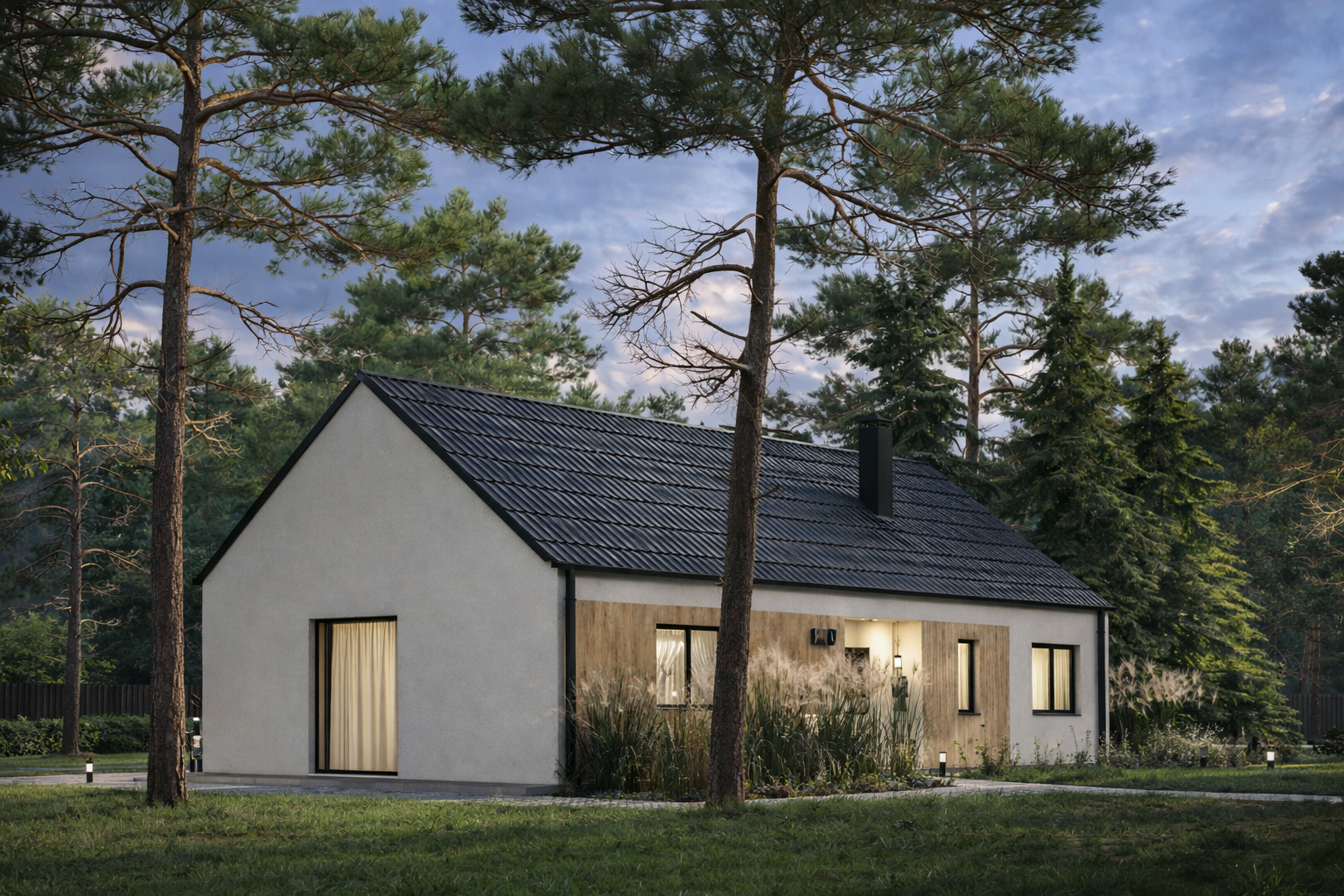 duży dom parterowy typu stodoła dla rodziny 2+2 z trzema sypialniami