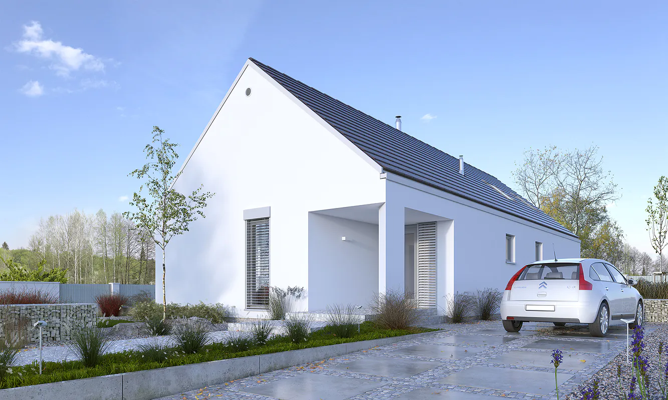 nowoczesny biały dom parterowy z antresolą o typowej bryle w stylu domu stodoła z szarym dachem i og