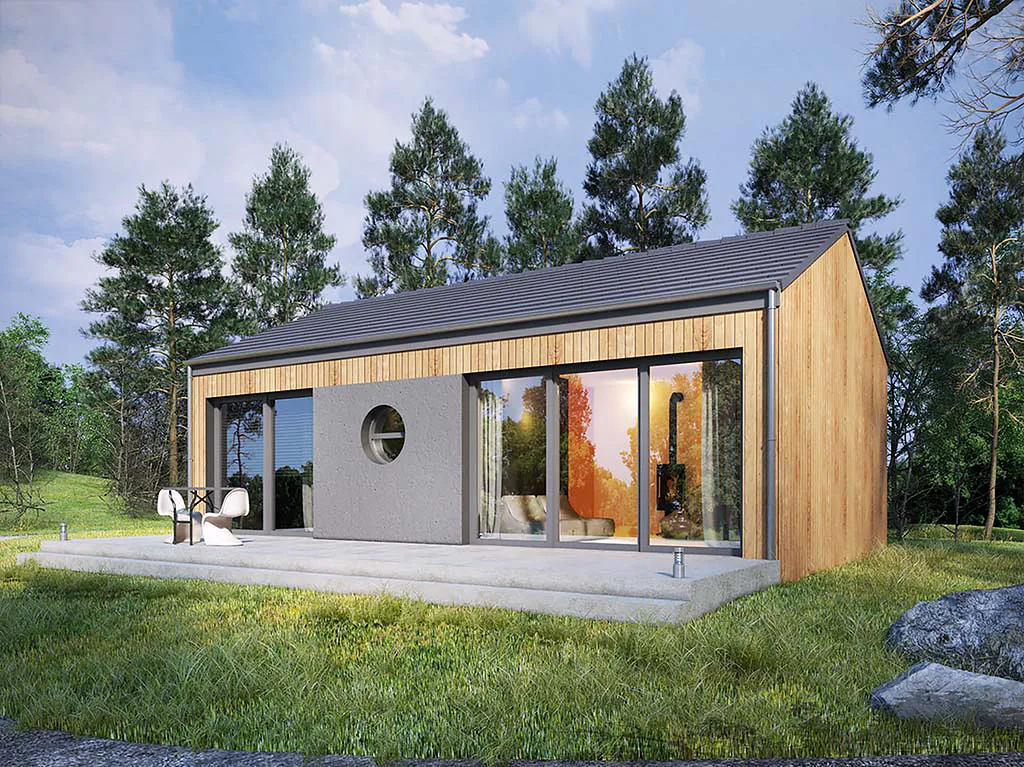 mały domek parterowy prostokątny nowoczesna stodoła dwuspadowy szary dach szare wykończenia drewnian